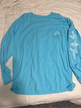 Lily Grace Aqua Blue Long-Sleeve Pocket Tee with Sleeve Script
